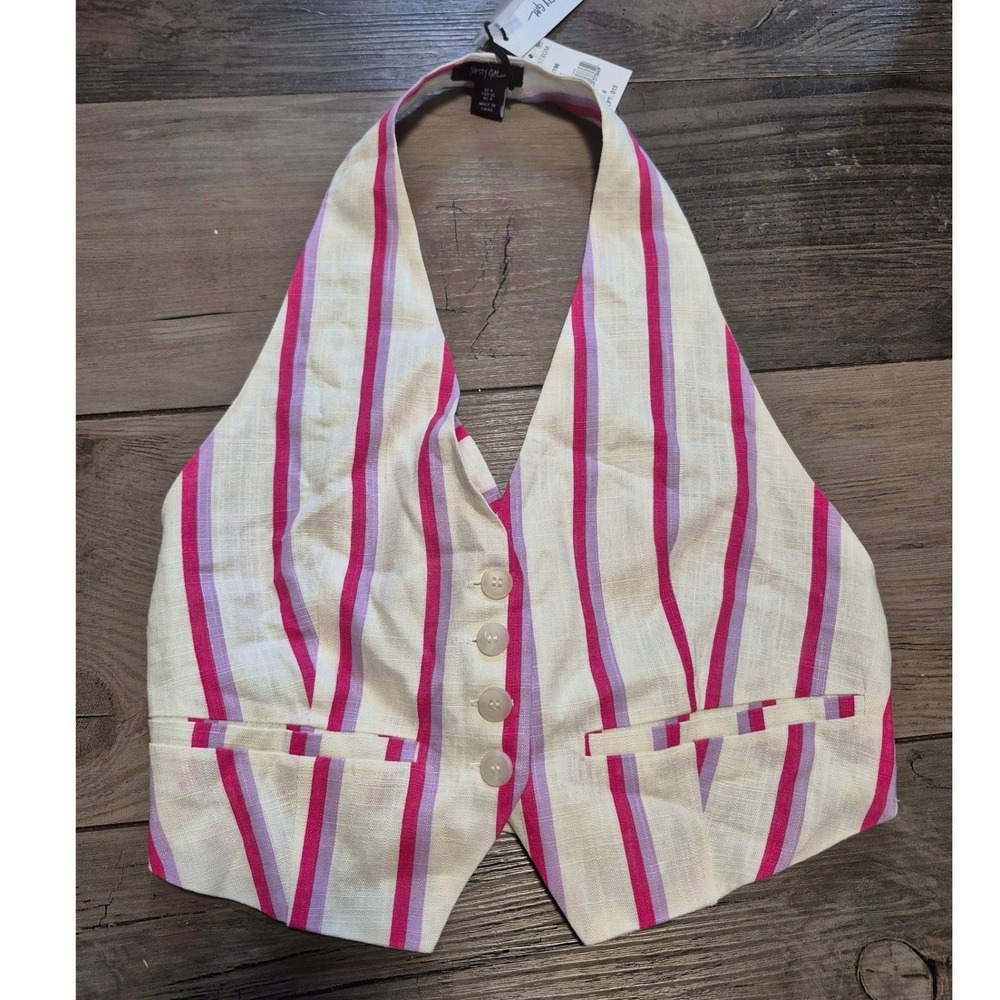 Nasty Gal Premium Striped Linen Tailored Vest Halter Neck Pink Purple Size 4 NEW
